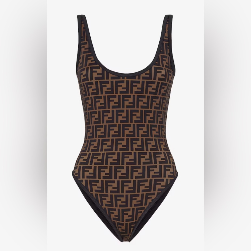 Fendi Tan and Black Monogram One-Piece Swimsuit